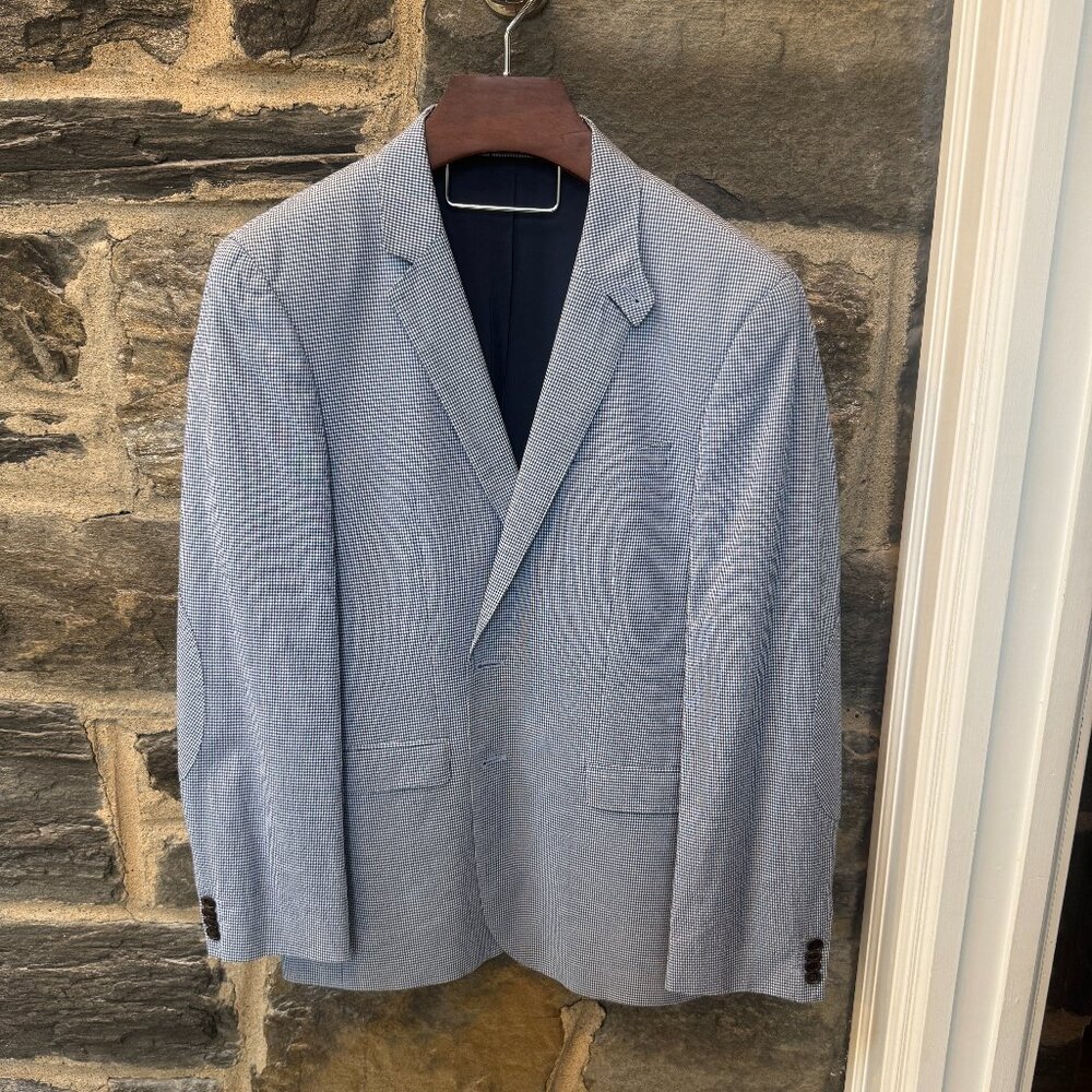 $700 Hugo Boss Seersucker navy stripe blazer sportcoat 42 stretch Medium Large